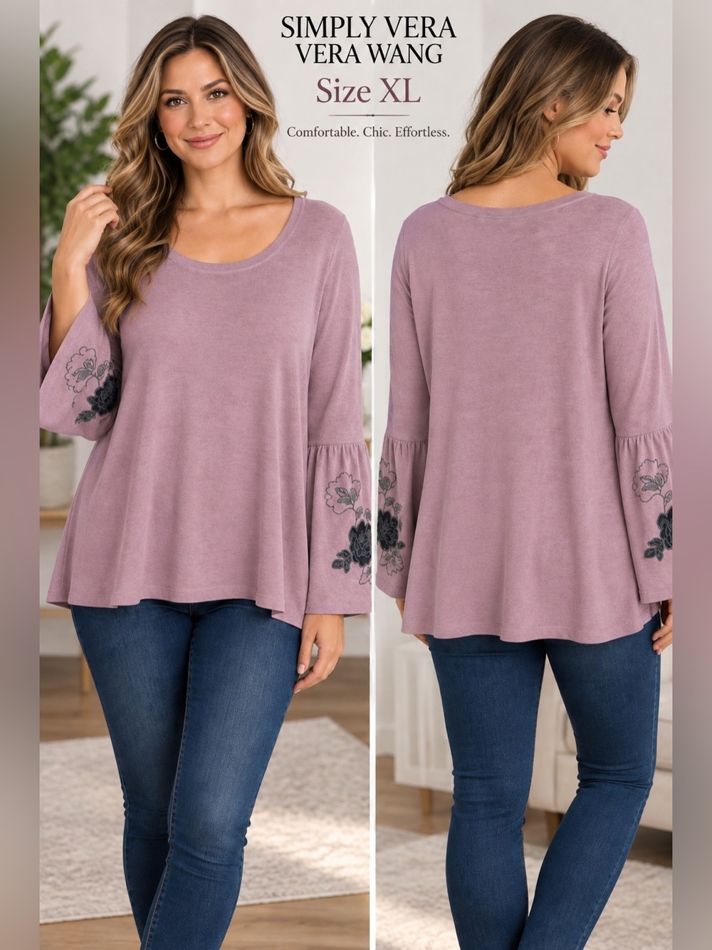 Simply Vera Vera Wang XL Rare Berry Floral Bell Sleeve Top